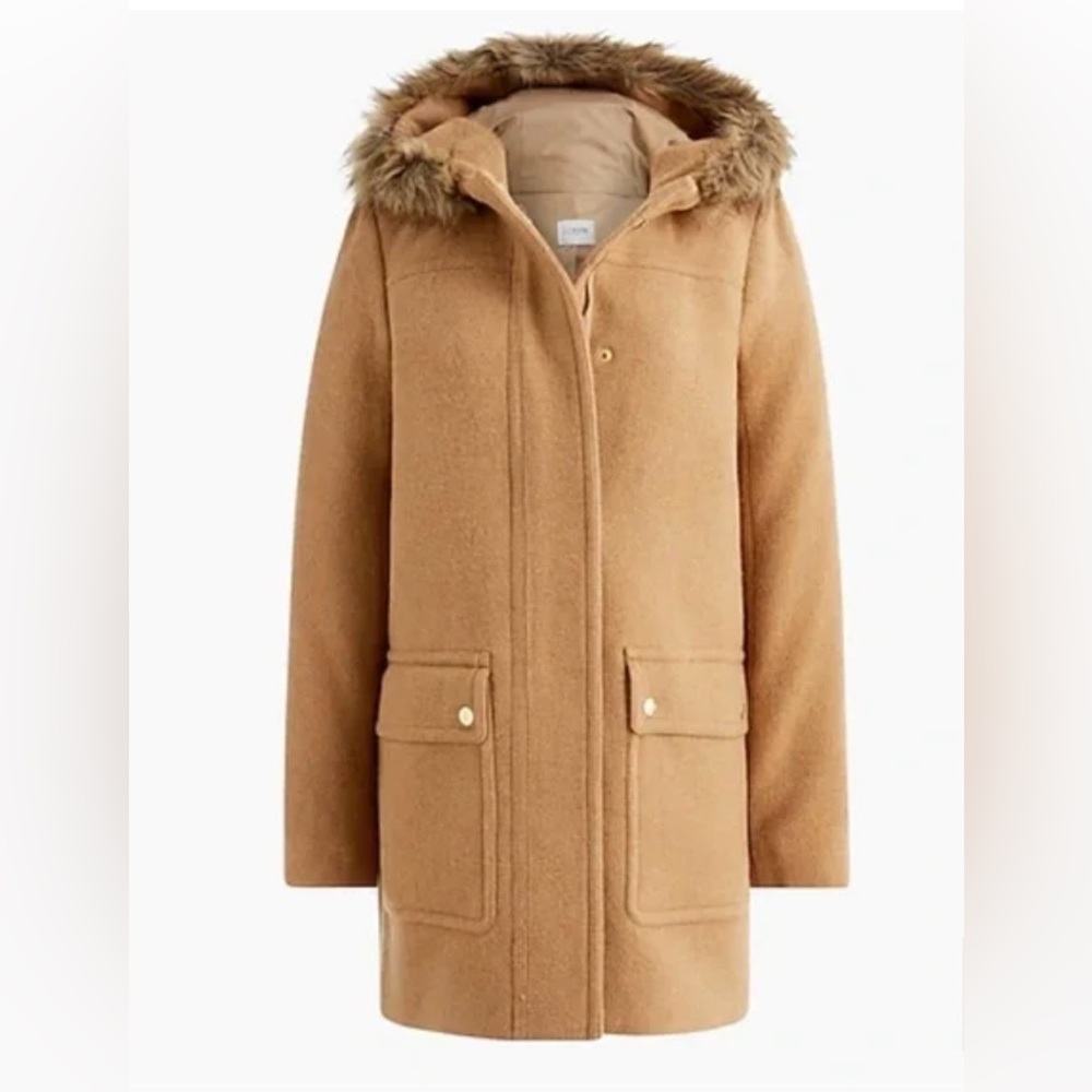 J. Crew Tan Puffer Coat with Faux Fur Hood